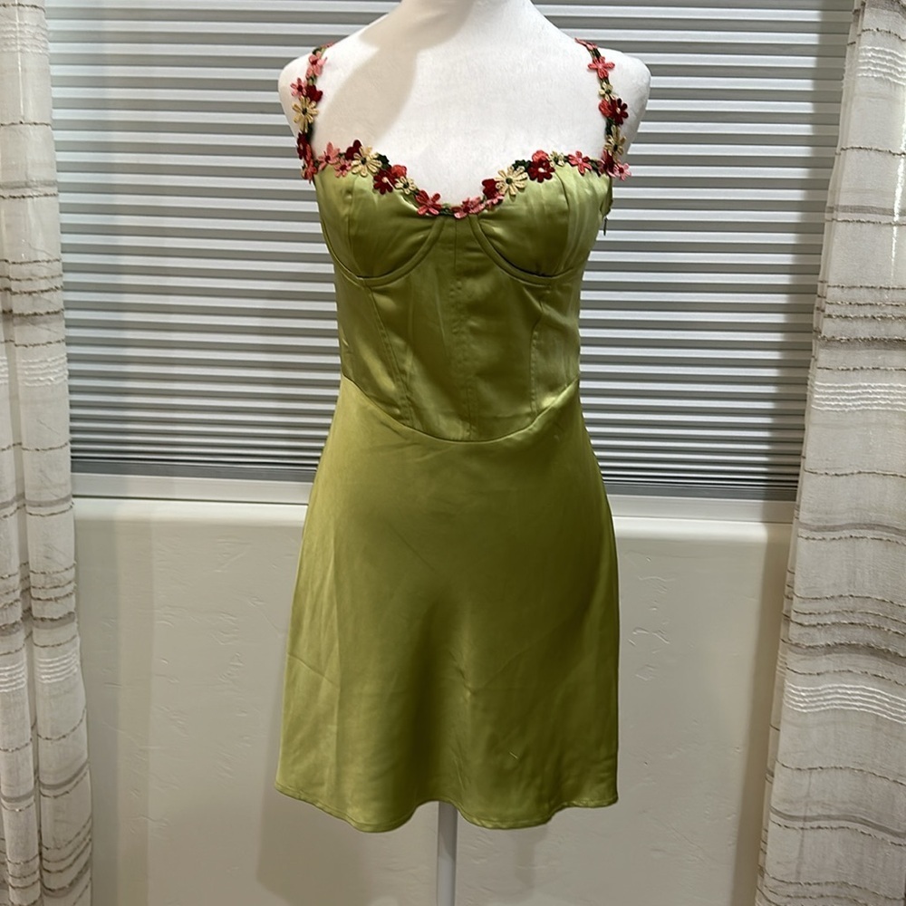 White Fox Green Satin & Embroidered Dress - Picture 4 of 13